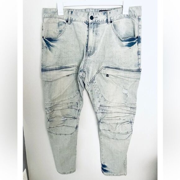 Smoke Rise Slim Fit Mens Bike Jeans Punk Funky Contemporary Casual Size 38/32 - Picture 1 of 9